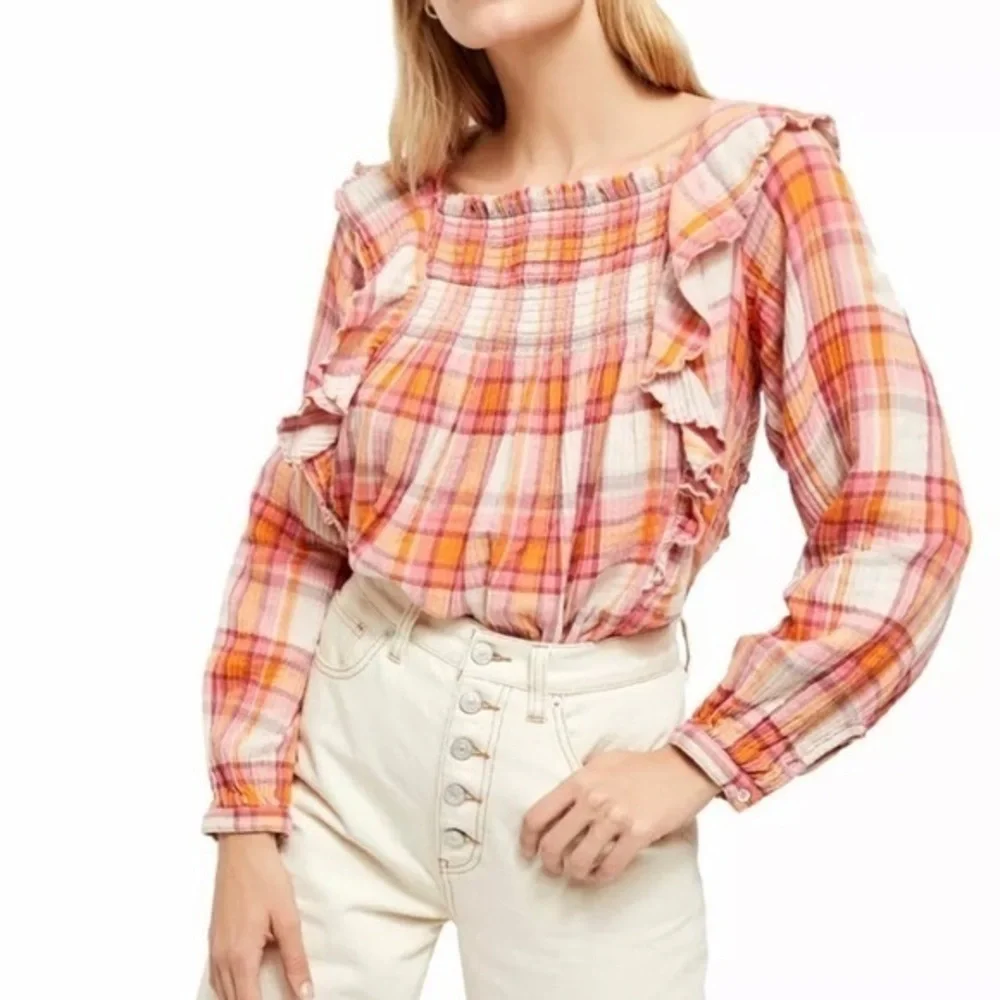 NWT Free People plaid pullover blouse - Picture 1 of 3
